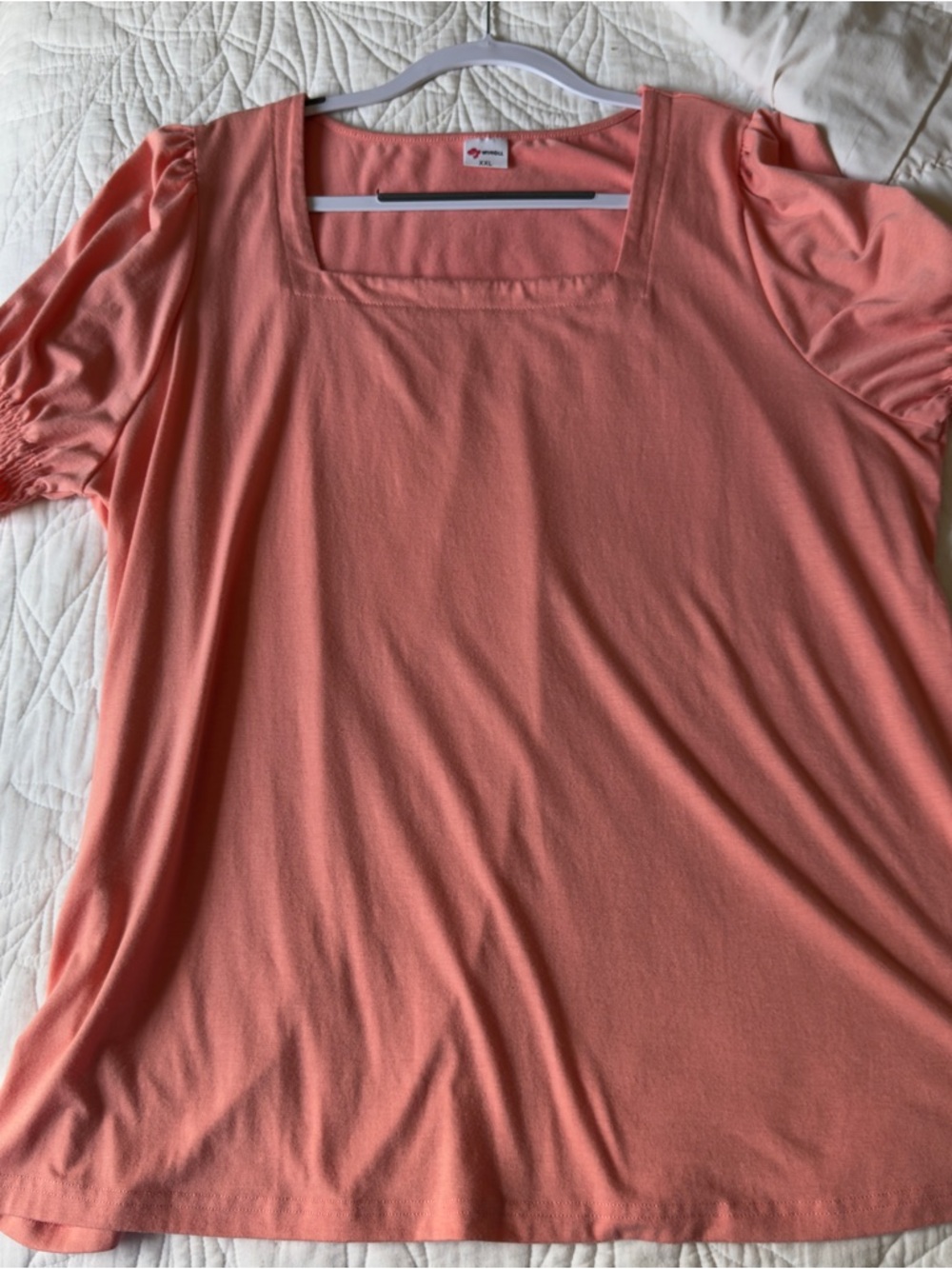 Square-Neck Coral Tunic Top with Short Gathered Sleeves